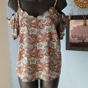 Monteau Floral Scallop Neckline Blouse